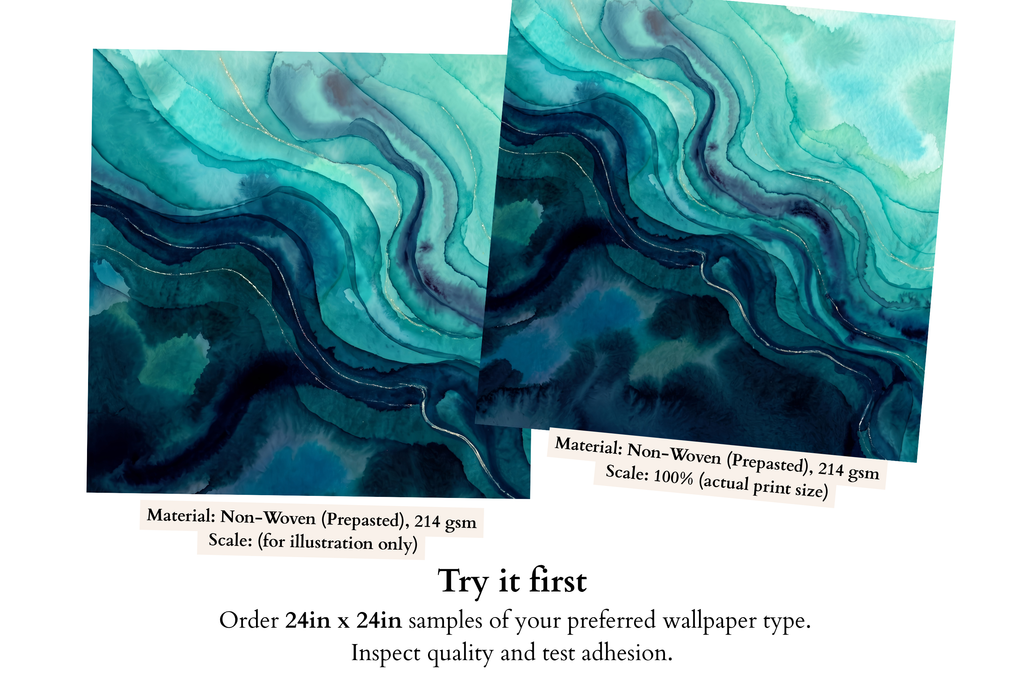 Close-up detail of fluid teal and turquoise watercolour wave with delicate gold vein accent flowing through deep navy ocean abstract wallpaper mural — high-definition fade-resistant print by WallpaperPixi