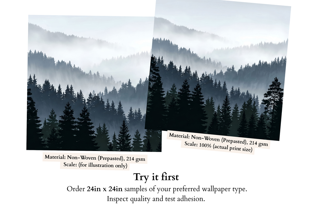 Close-up detail of layered pine tree silhouettes with atmospheric mist and fog between mountain ridgelines on misty forest wallpaper mural — high-definition fade-resistant print by WallpaperPixi