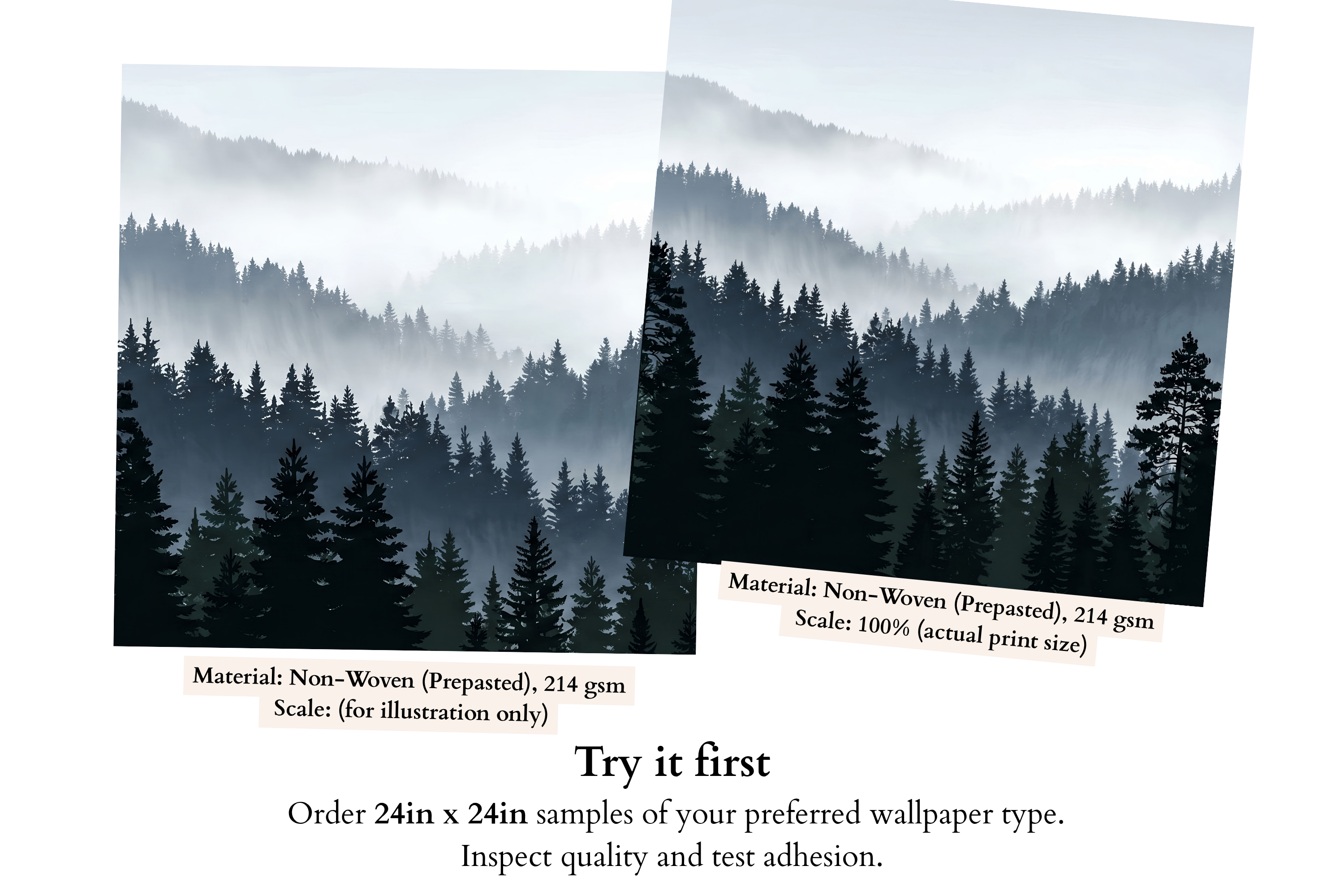 Close-up detail of layered pine tree silhouettes with atmospheric mist and fog between mountain ridgelines on misty forest wallpaper mural — high-definition fade-resistant print by WallpaperPixi