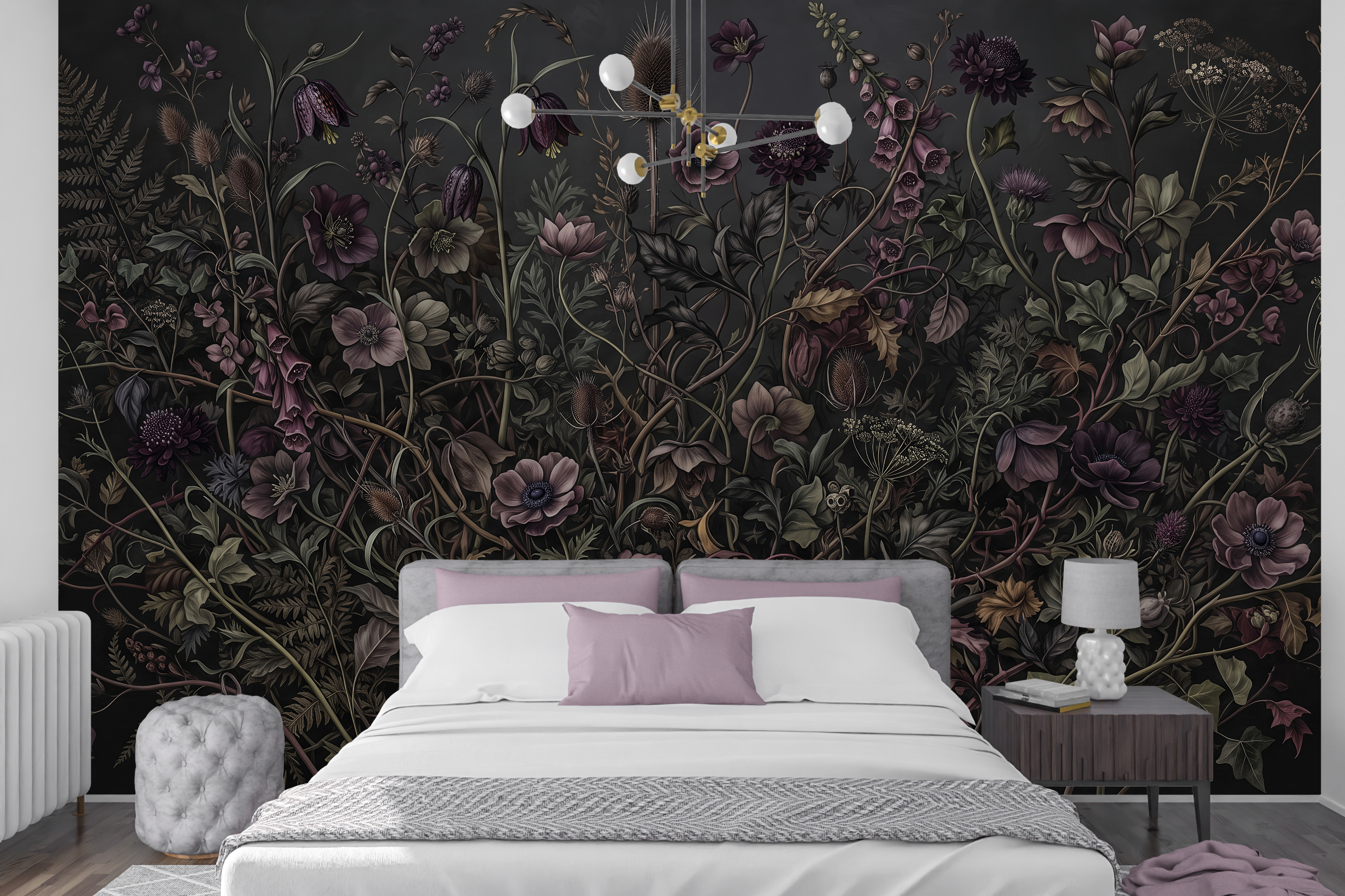 Vintage plum wildflower and fern peel and stick wallpaper behind a dark velvet bed