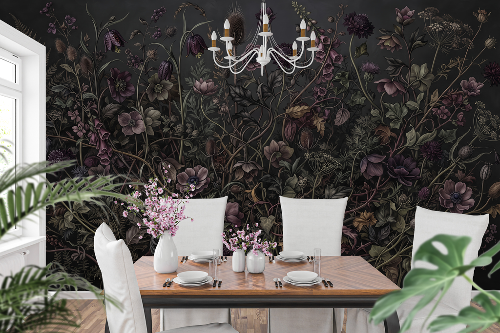 Edgy overgrown botanical wall mural transforming an eclectic maximalist dining space