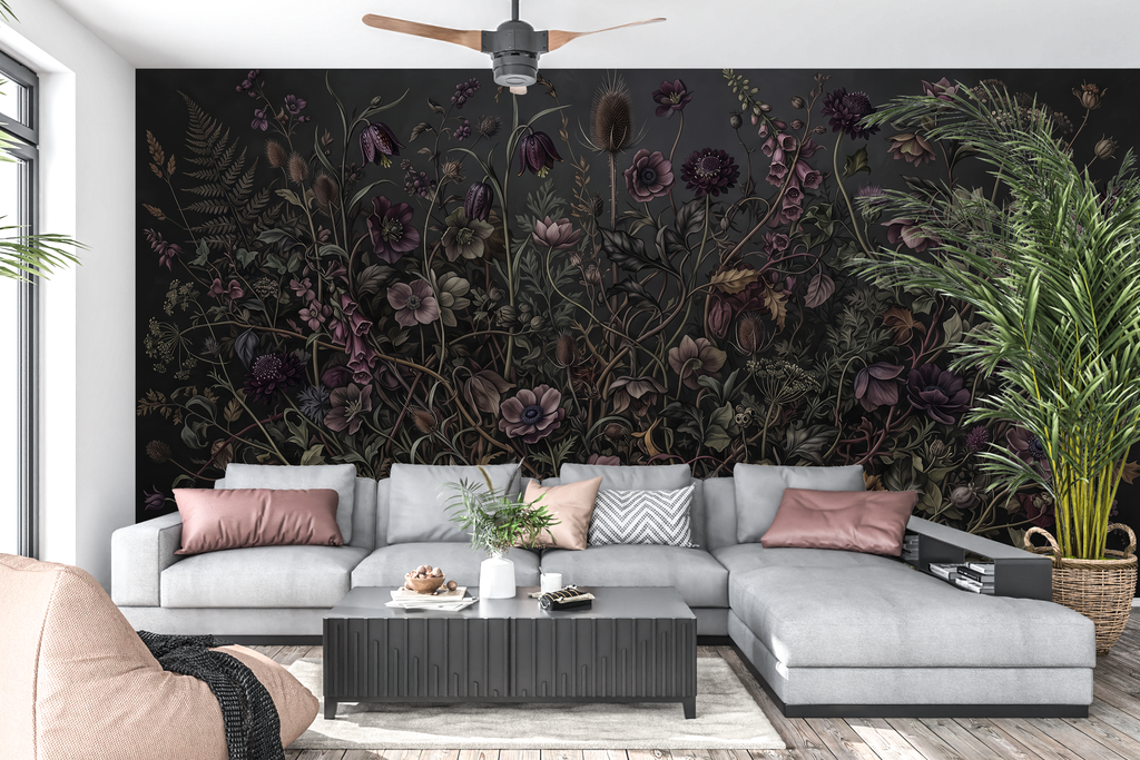 Moody dark botanical floral mural in a dramatic dark academia living room