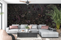 Moody dark botanical floral mural in a dramatic dark academia living room