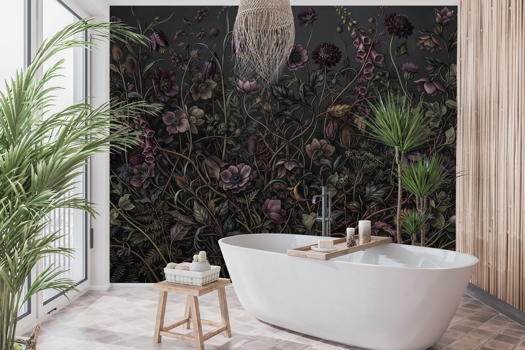 Waterproof vinyl dark floral wallpaper applied in a moody speakeasy powder room