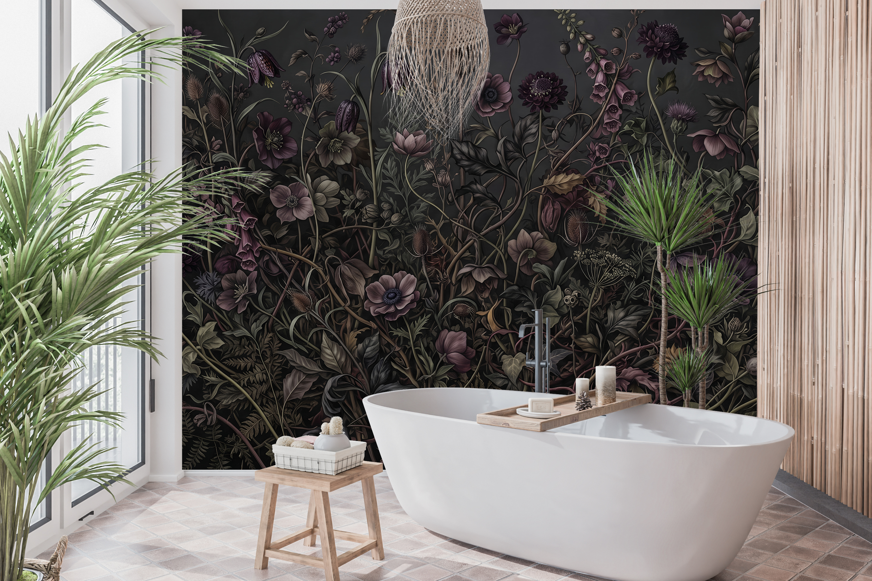 Waterproof vinyl dark floral wallpaper applied in a moody speakeasy powder room