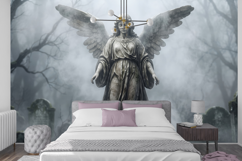 Misty graveyard and stone statue peel and stick wallpaper behind a dark velvet bed