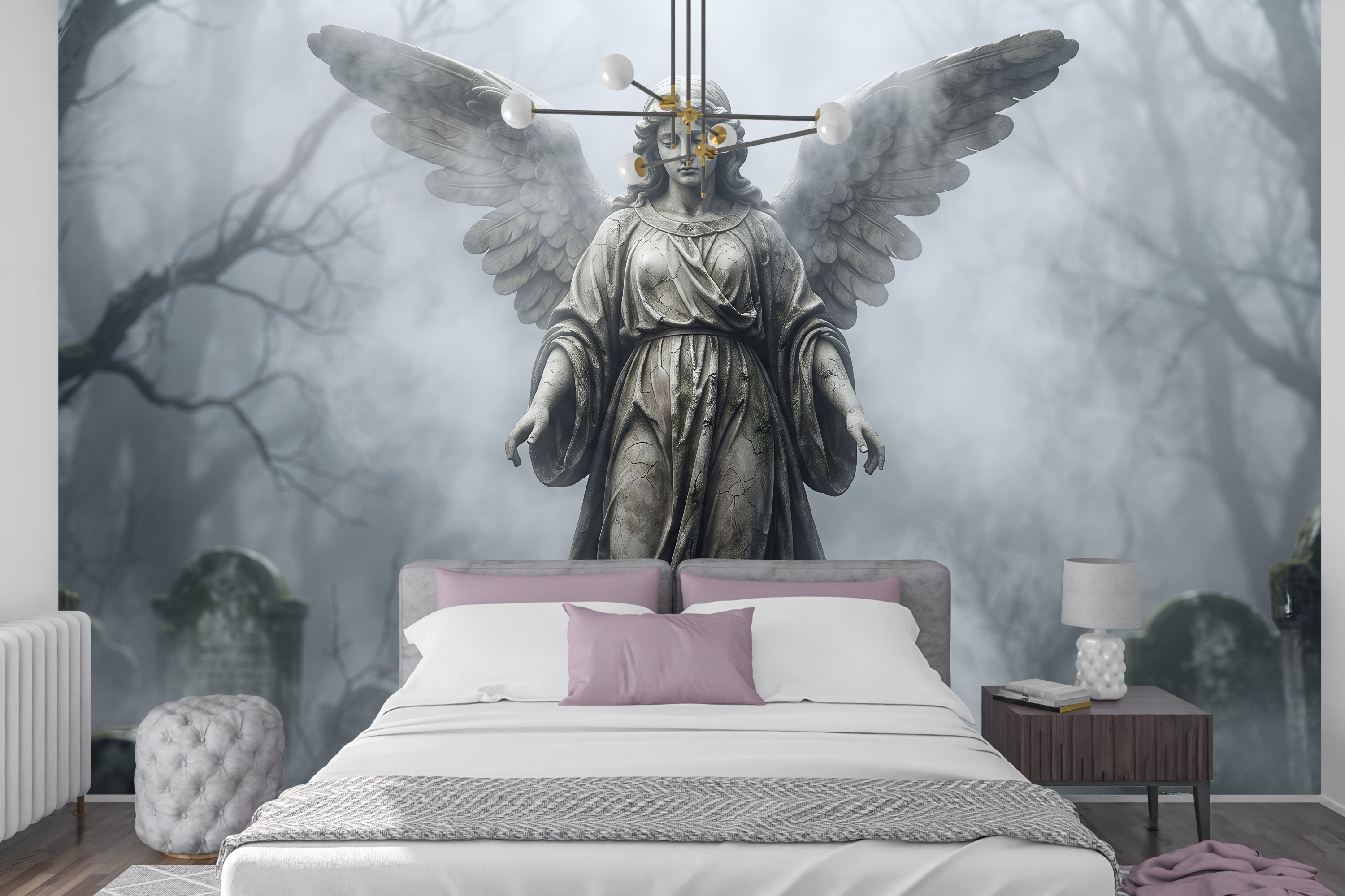 Misty graveyard and stone statue peel and stick wallpaper behind a dark velvet bed