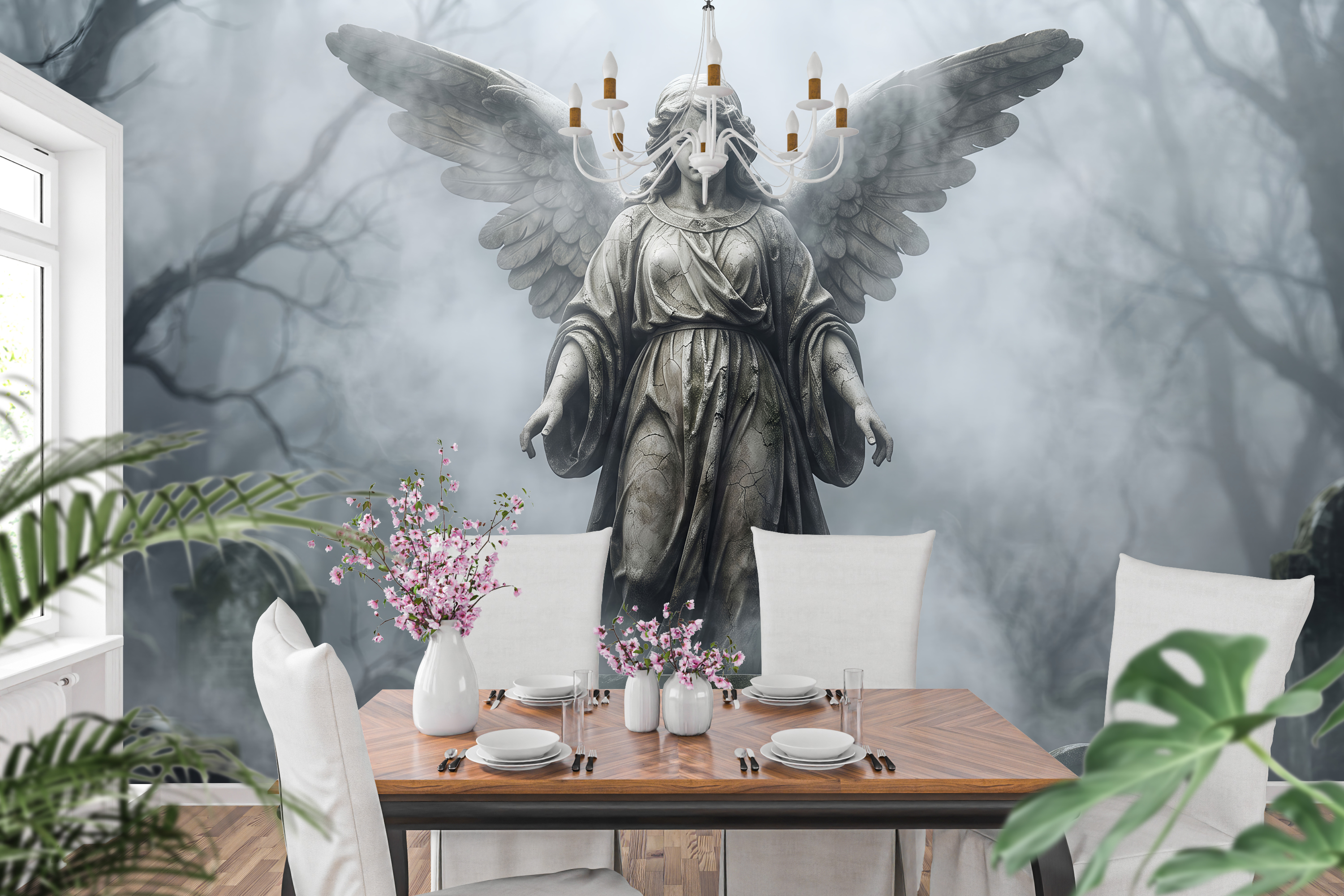 Cinematic foggy graveyard wall mural transforming an immersive entertainment room