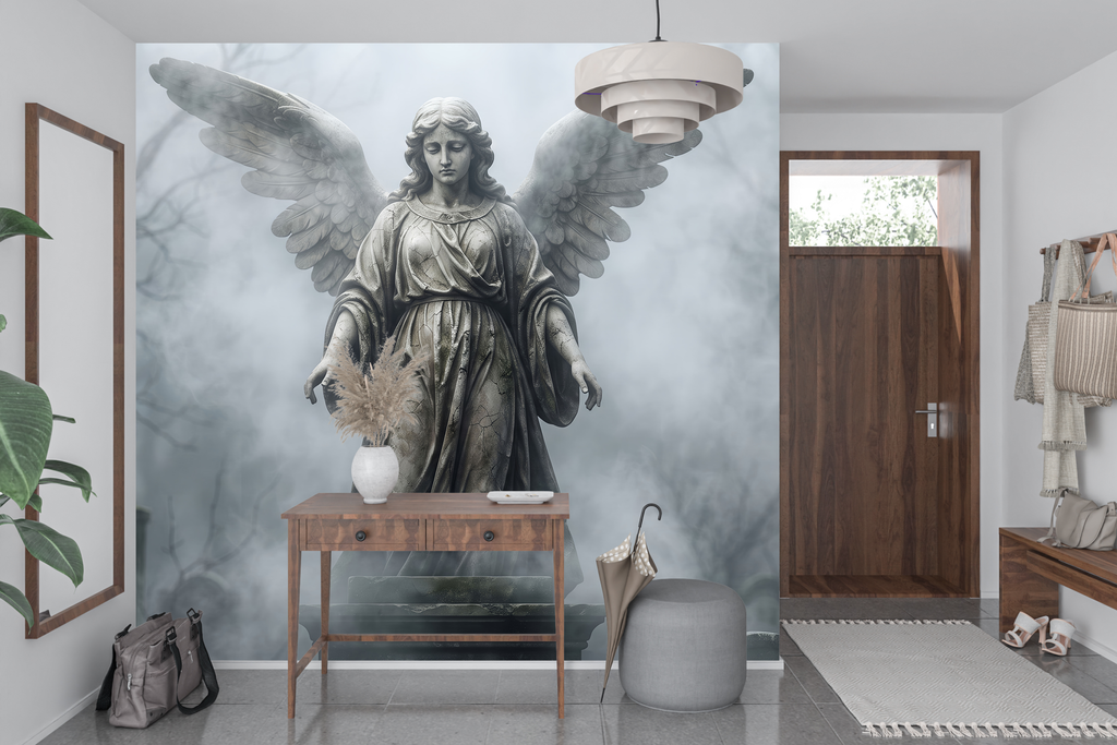 Moody Gothic Angel Cemetery Wall Mural Dark Academia Misty Graveyard Wallpaper