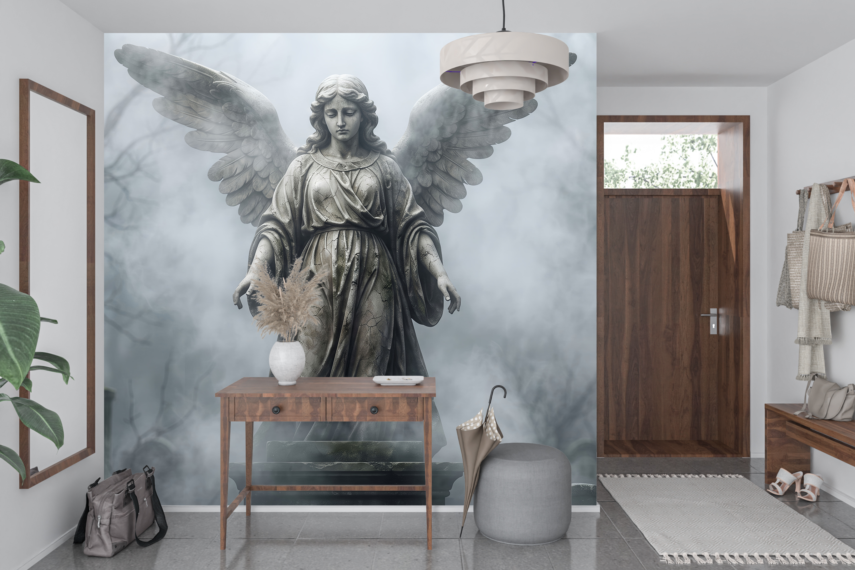 Moody Gothic Angel Cemetery Wall Mural Dark Academia Misty Graveyard Wallpaper
