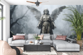 Moody gothic angel cemetery mural in a dramatic dark academia living room