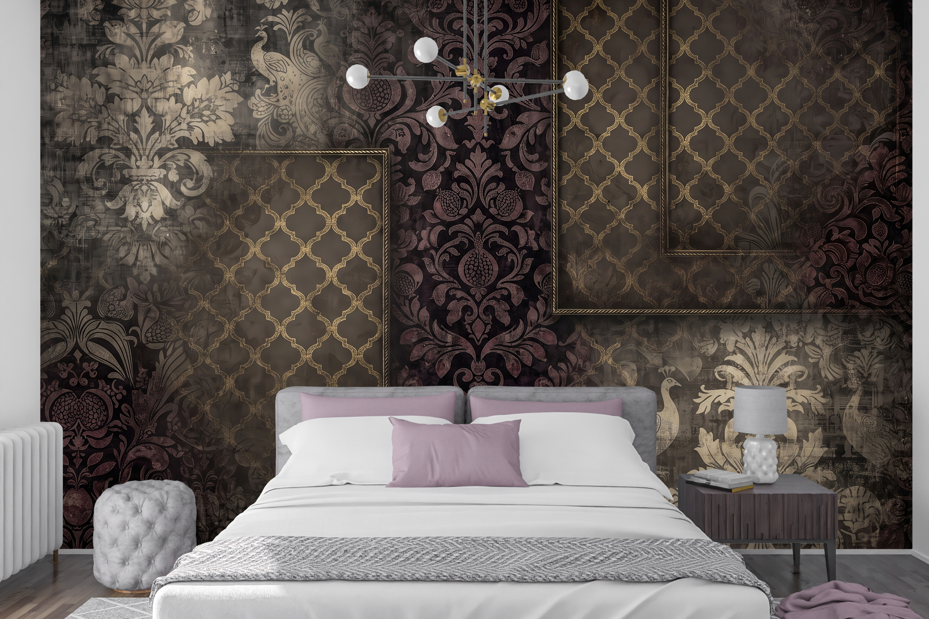 Distressed plum and gold peacock peel and stick wallpaper behind a dark velvet bed