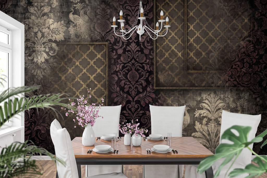 Moody gothic damask layered mural in a luxurious dark academia dining room