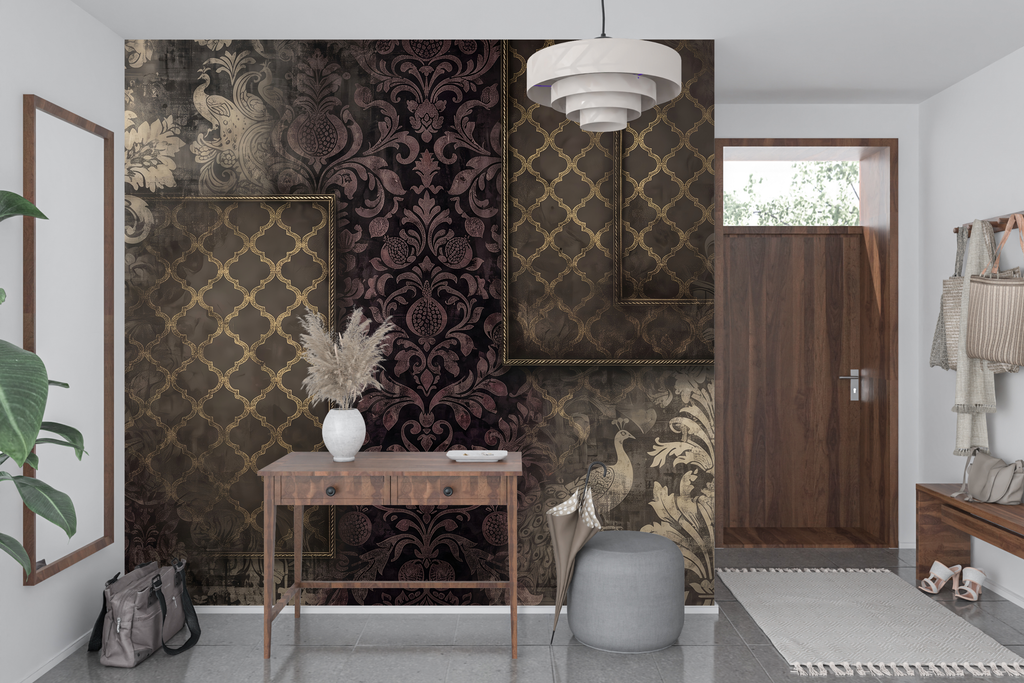Moody Gothic Damask & Peacock Wall Mural Vintage Dark Academia Layered Wallpaper