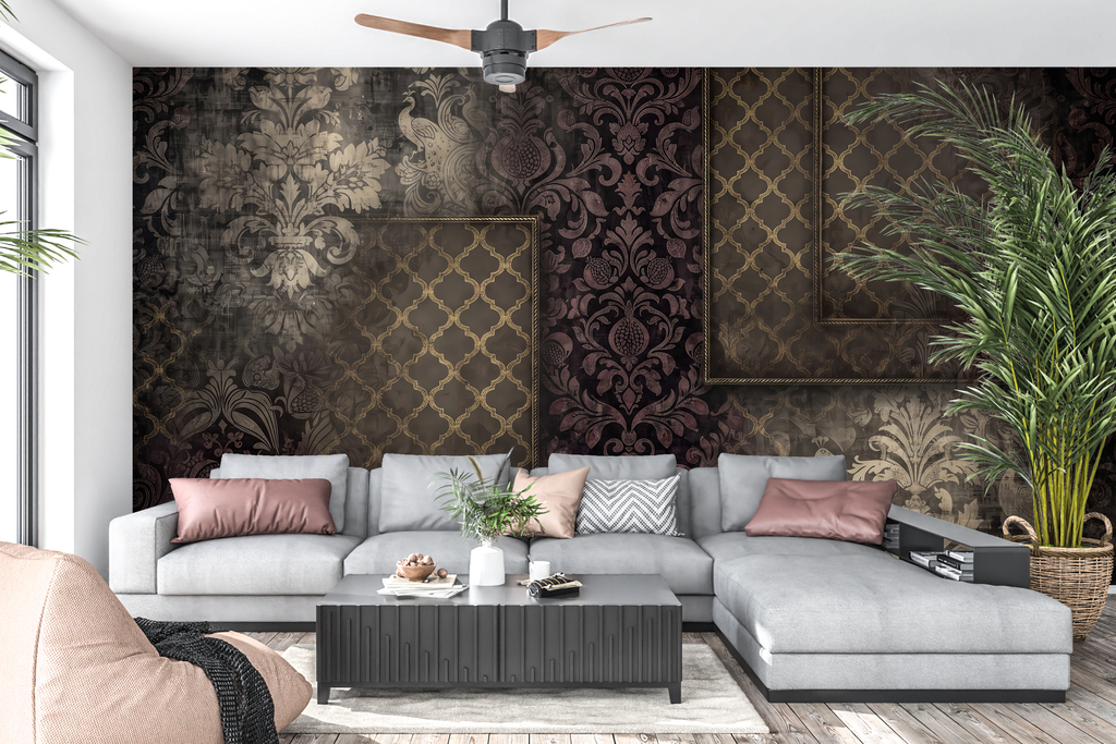 Edgy layered antique frame wall mural transforming an eclectic maximalist living space