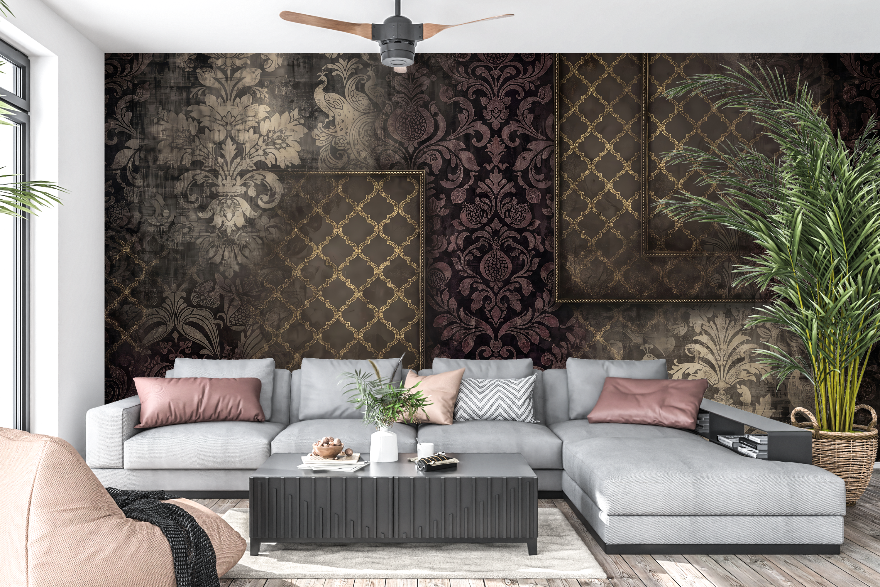 Edgy layered antique frame wall mural transforming an eclectic maximalist living space