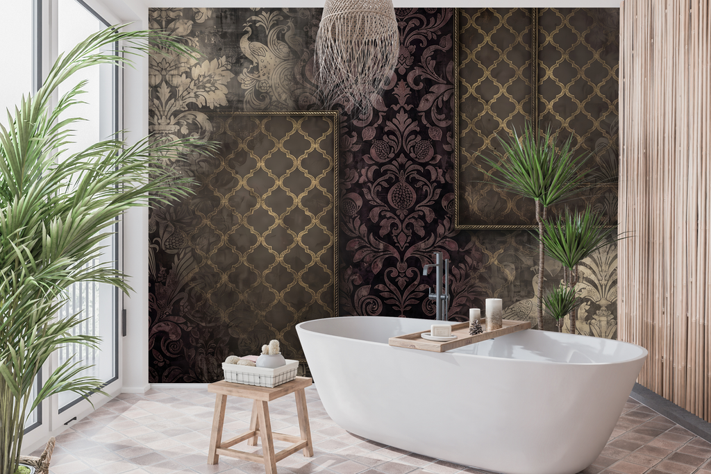 Waterproof vinyl grunge Victorian wallpaper applied in a moody speakeasy powder room