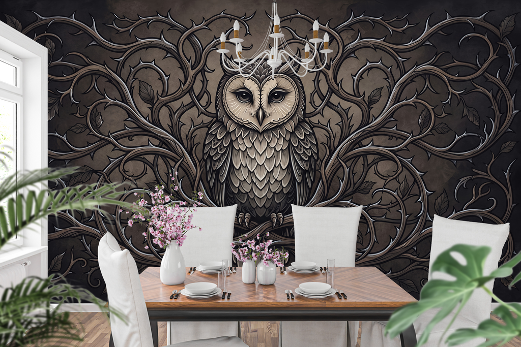 Moody Gothic Owl & Thorny Vine Wall Mural Dark Academia Vintage Engraving Wallpaper