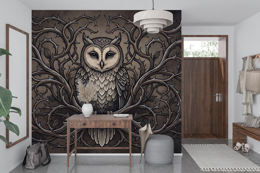 Edgy gothic botanical and owl wallpaper applied in a trendy alternative boutique