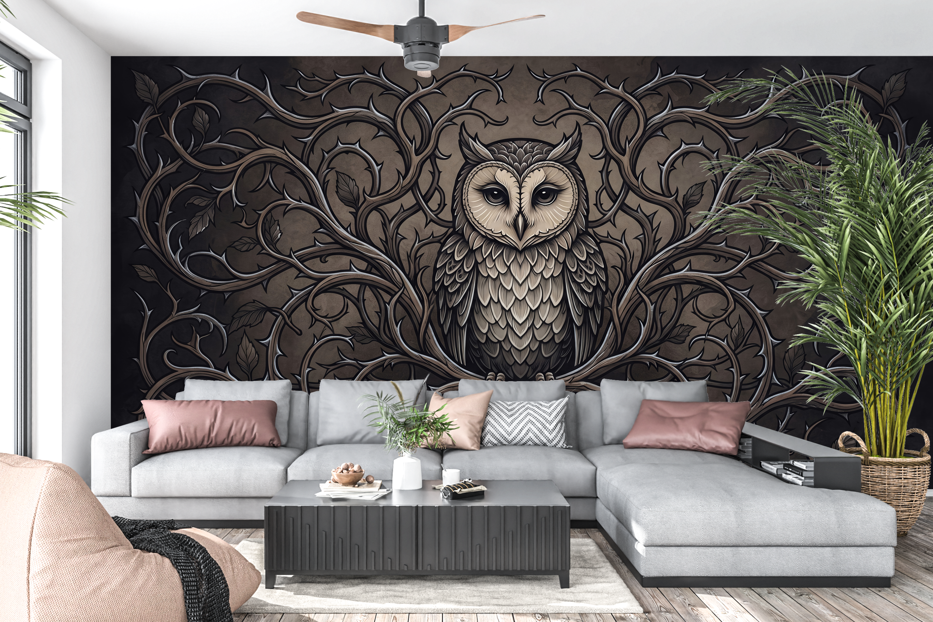 Symmetrical antique engraving nature wall mural transforming an eclectic living space