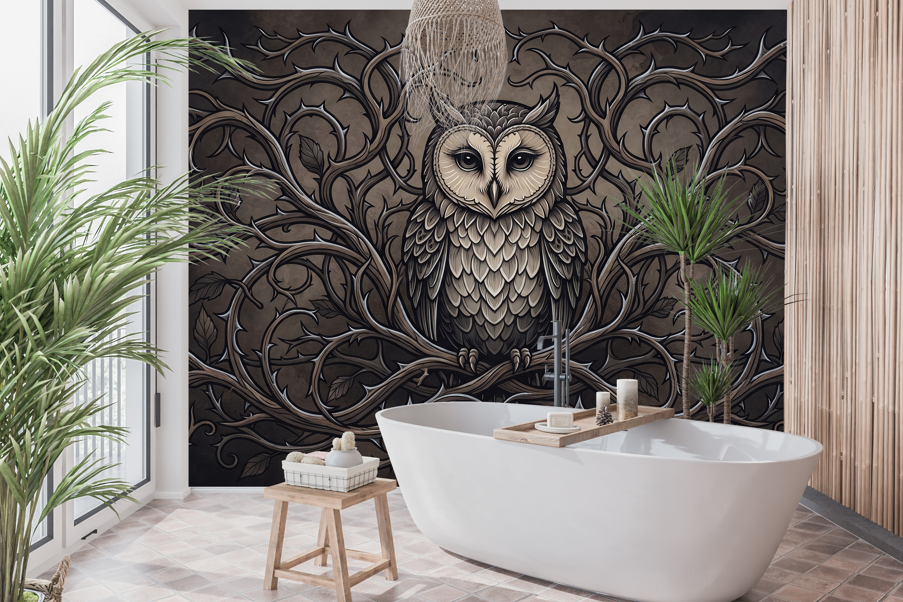 Moody gothic owl and thorny vine mural in a dramatic dark academia study
