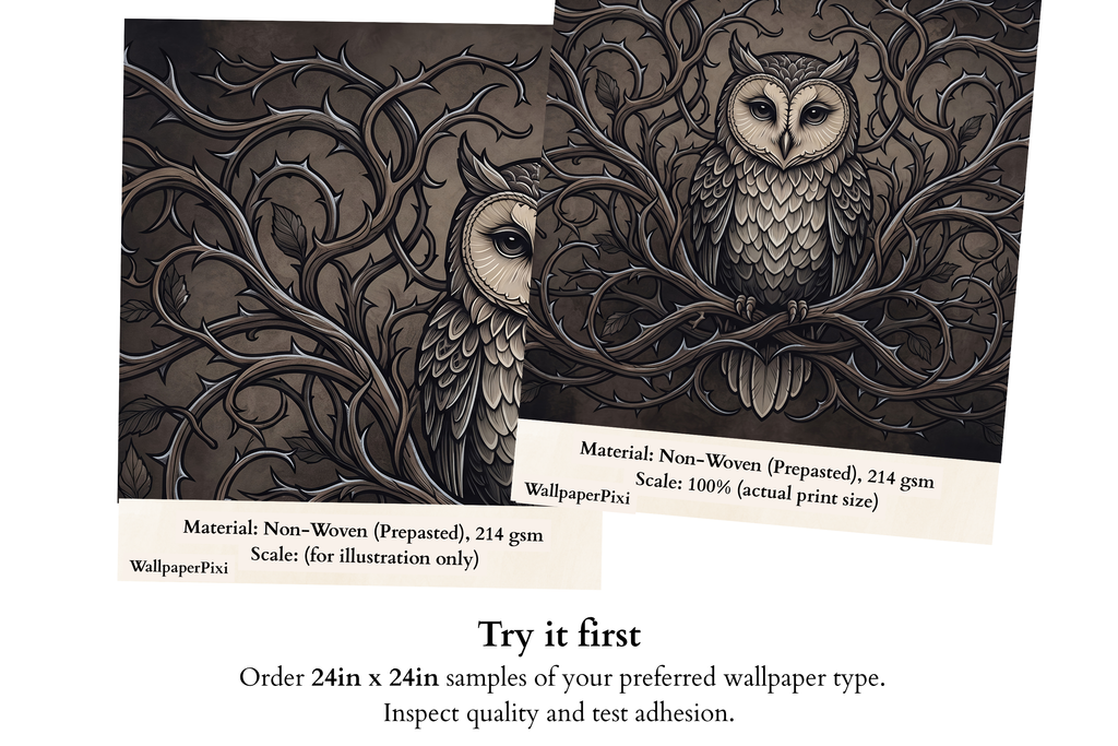 Moody Gothic Owl & Thorny Vine Wall Mural Dark Academia Vintage Engraving Wallpaper