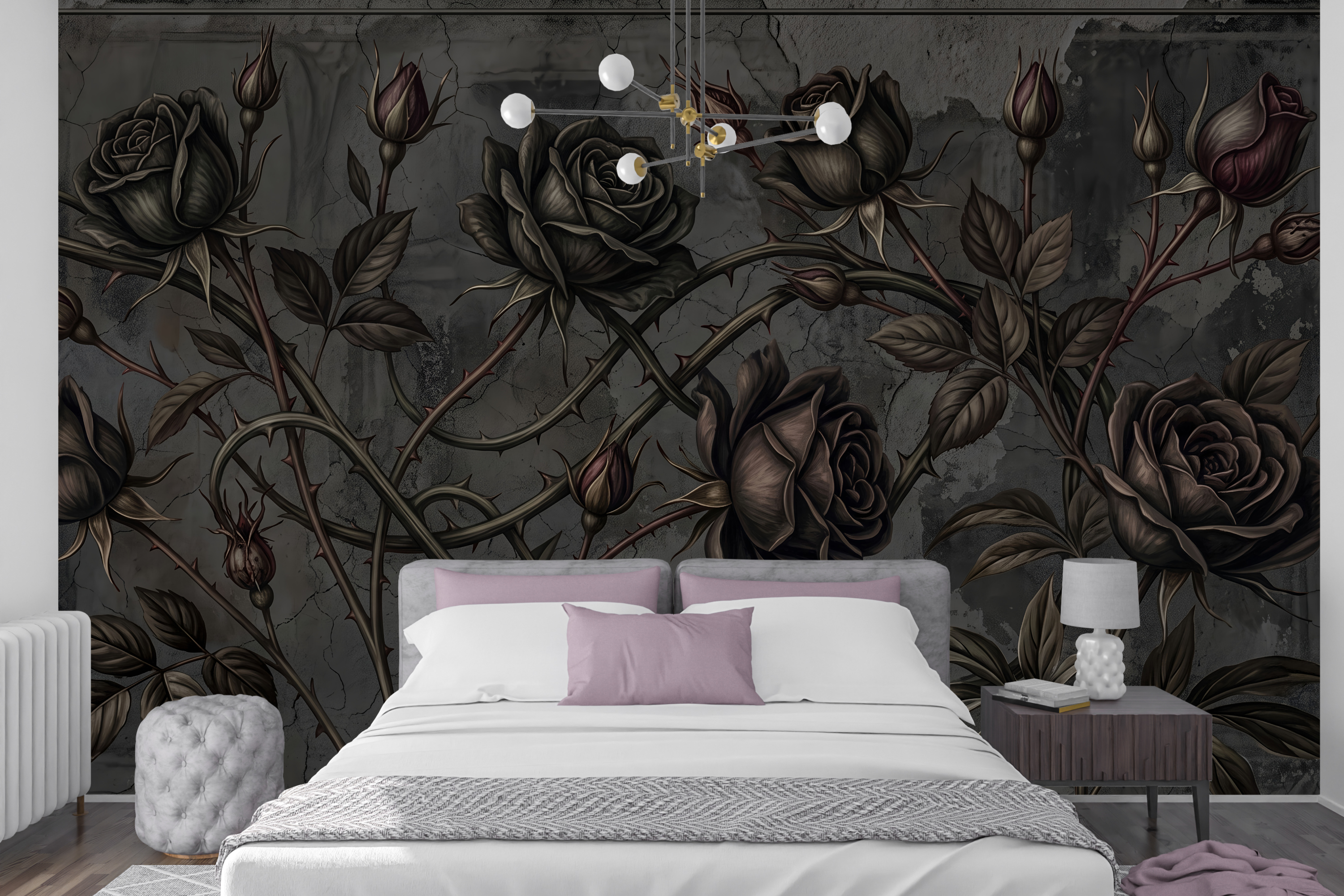 Distressed concrete and black rose peel and stick wallpaper mural behind a dark velvet bed