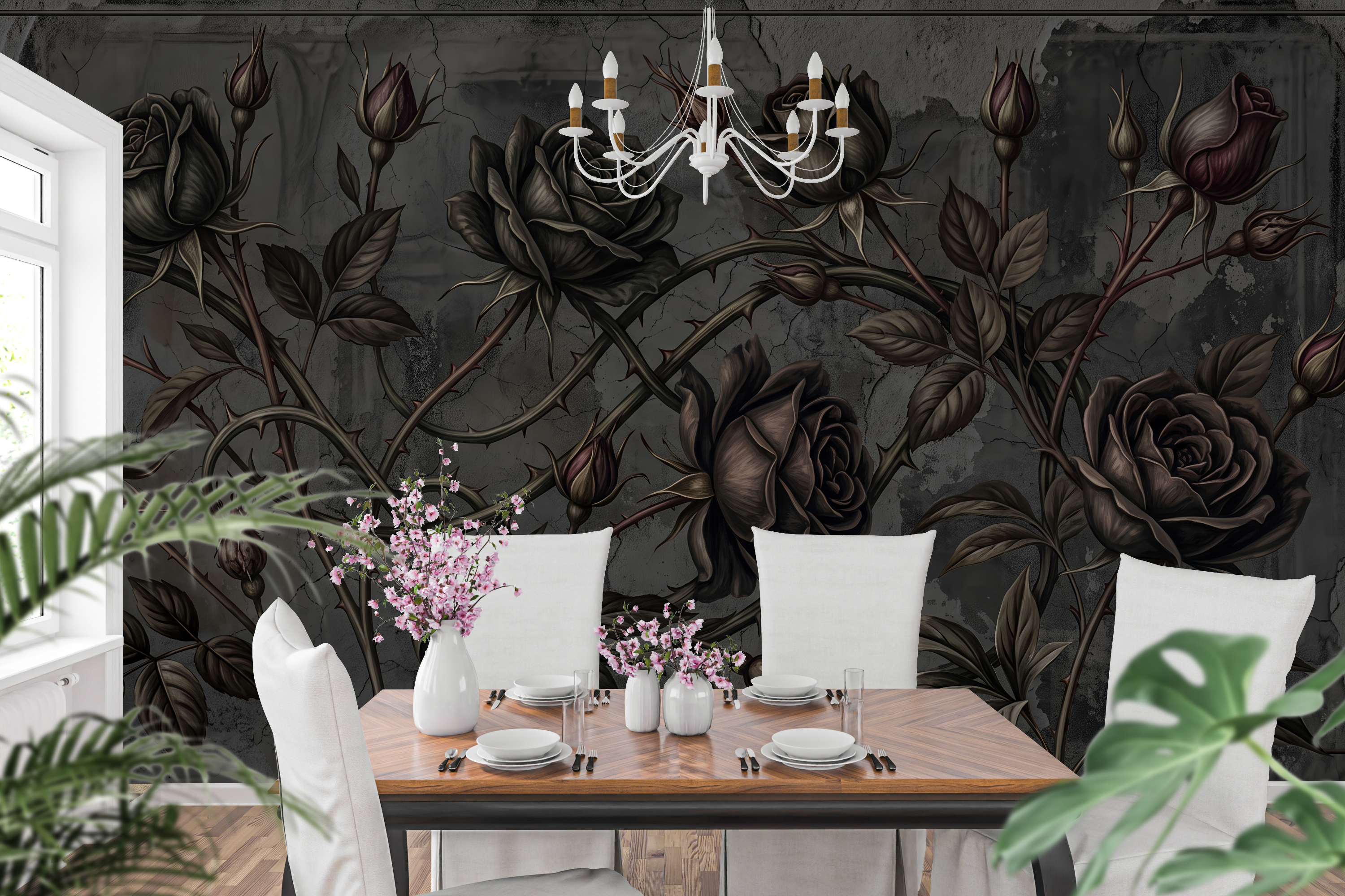 Edgy dark romantic flower mural transforming a trendy speakeasy home bar space