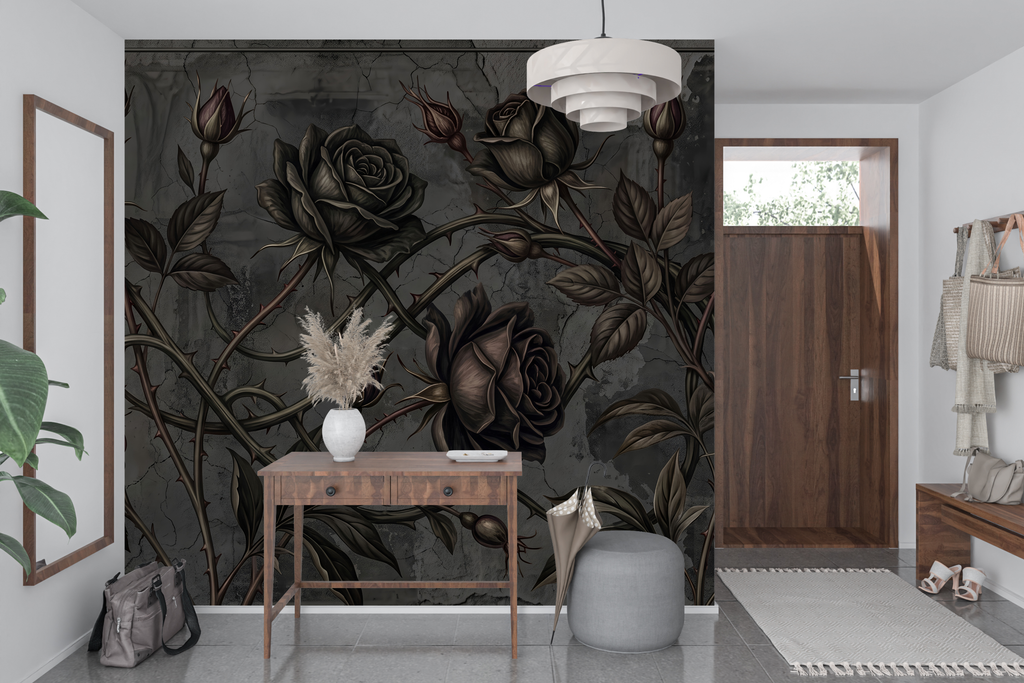 Dark academia thorny vine wall art creating a dramatic home office accent