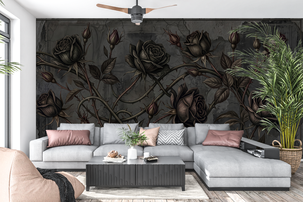 Moody dark botanical rose mural in an edgy gothic style living room
