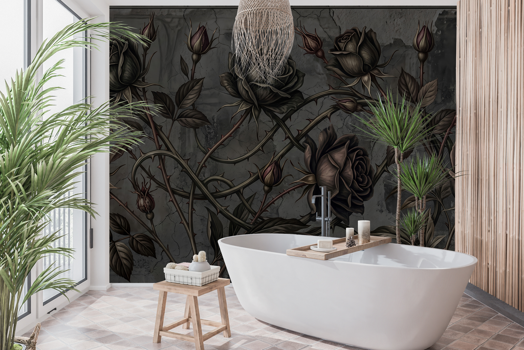 Waterproof vinyl grunge floral wallpaper applied in a moody industrial powder room