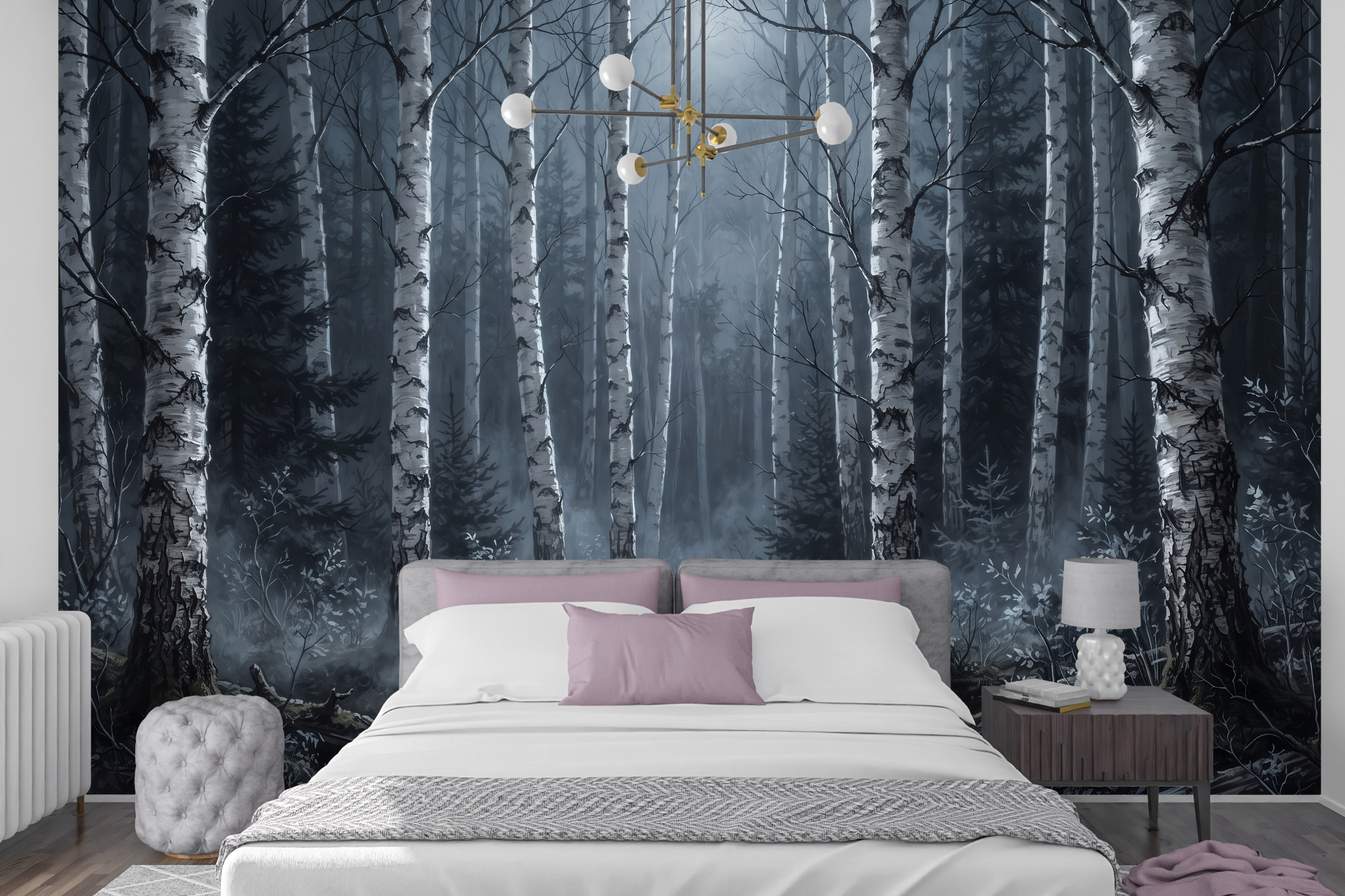 Misty midnight woodland peel and stick wallpaper mural behind a dark velvet bed