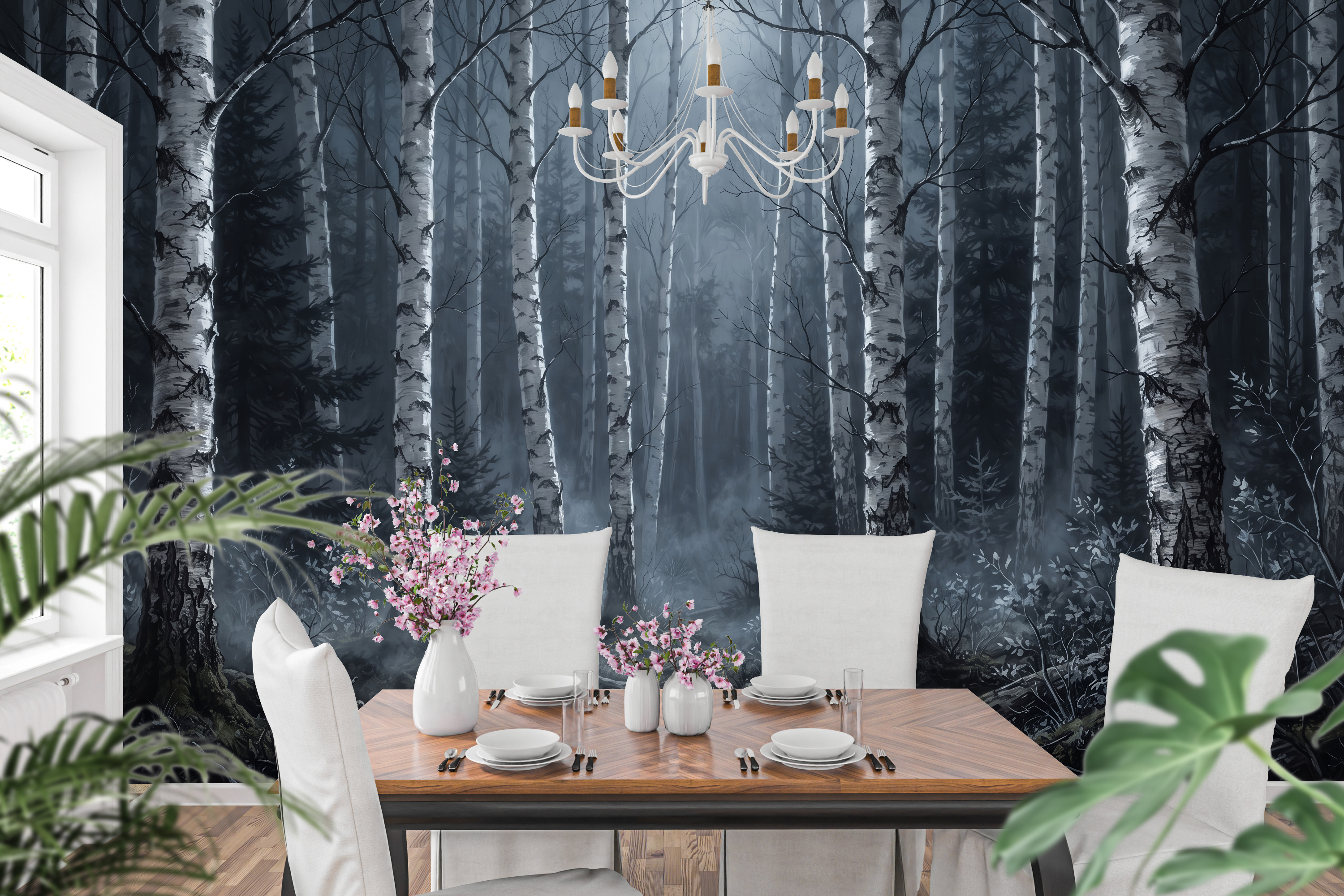 Moody Nighttime Birch Forest Wall Mural Dark Gothic Woodland Wallpaper