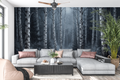 Moody dark birch forest mural in a dramatic gothic living room