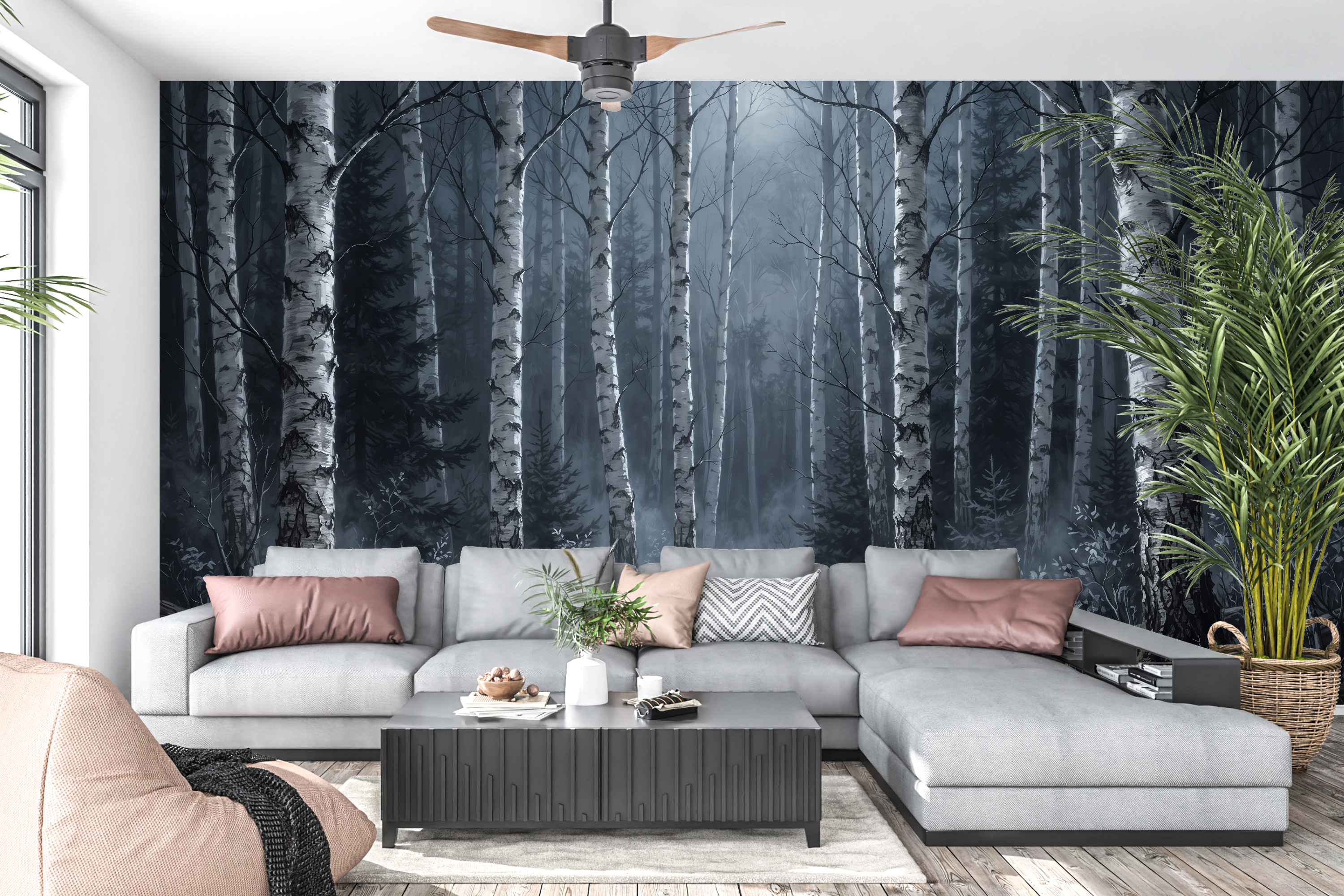 Moody dark birch forest mural in a dramatic gothic living room
