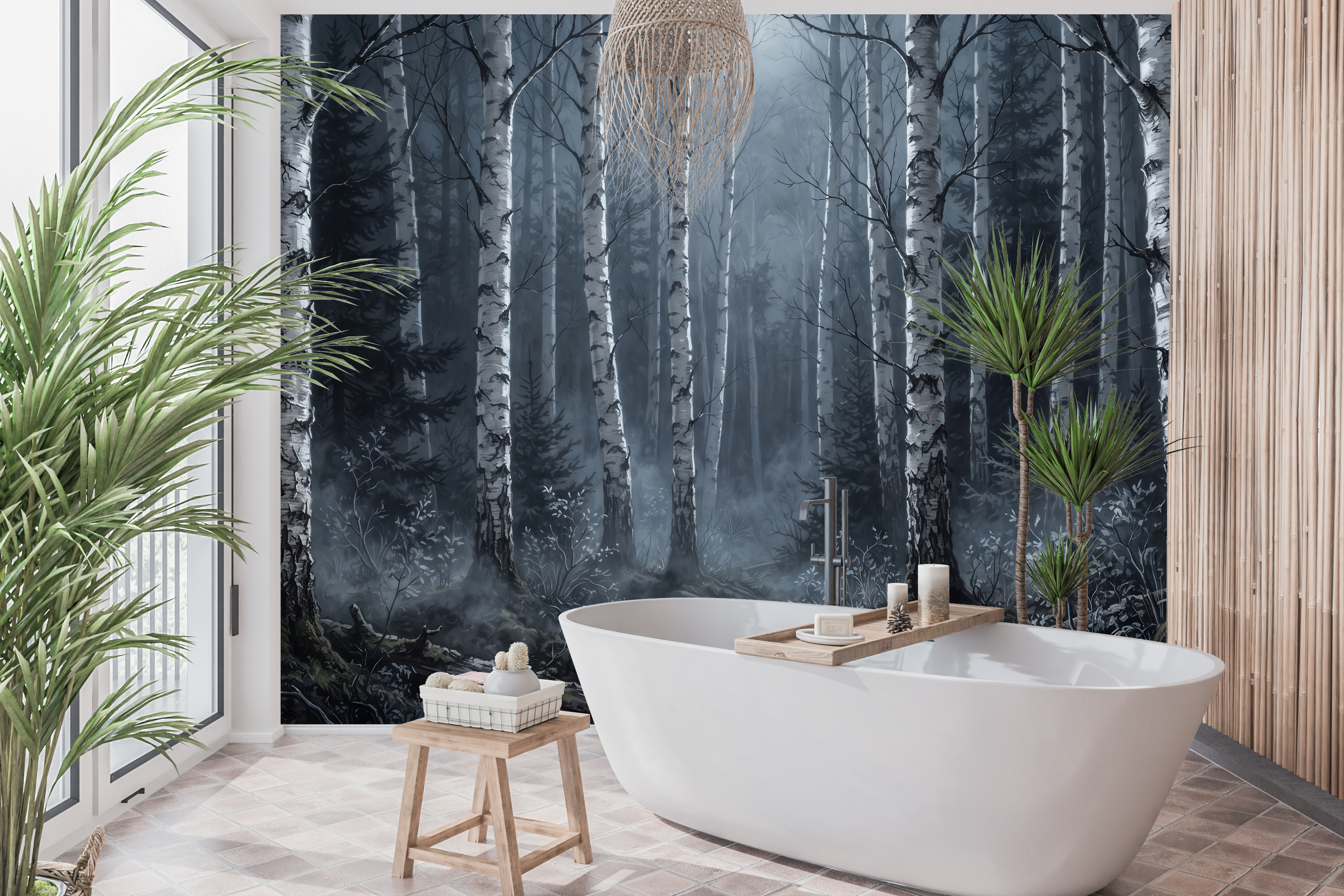 Dark academia foggy pine and birch tree wall art creating a mysterious home office accent
