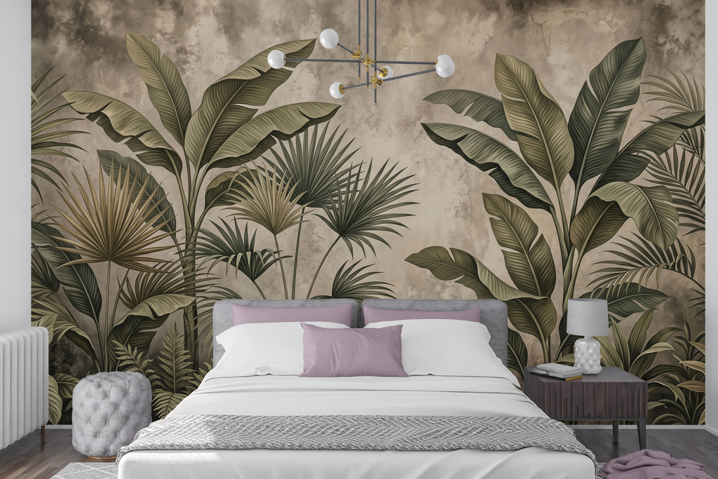 Earthy fan palm and banana leaf wall mural creating a sophisticated bedroom accent