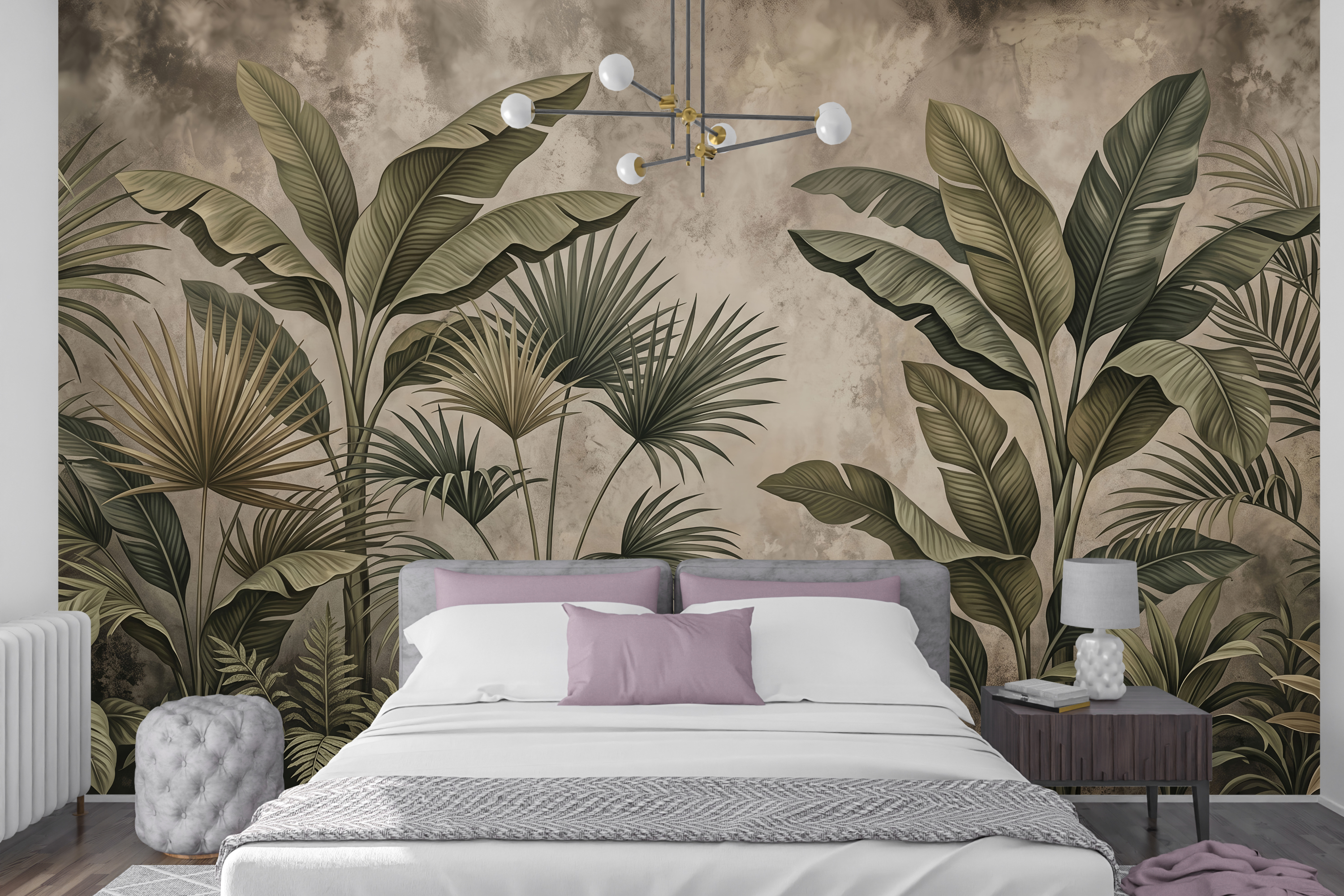 Earthy fan palm and banana leaf wall mural creating a sophisticated bedroom accent