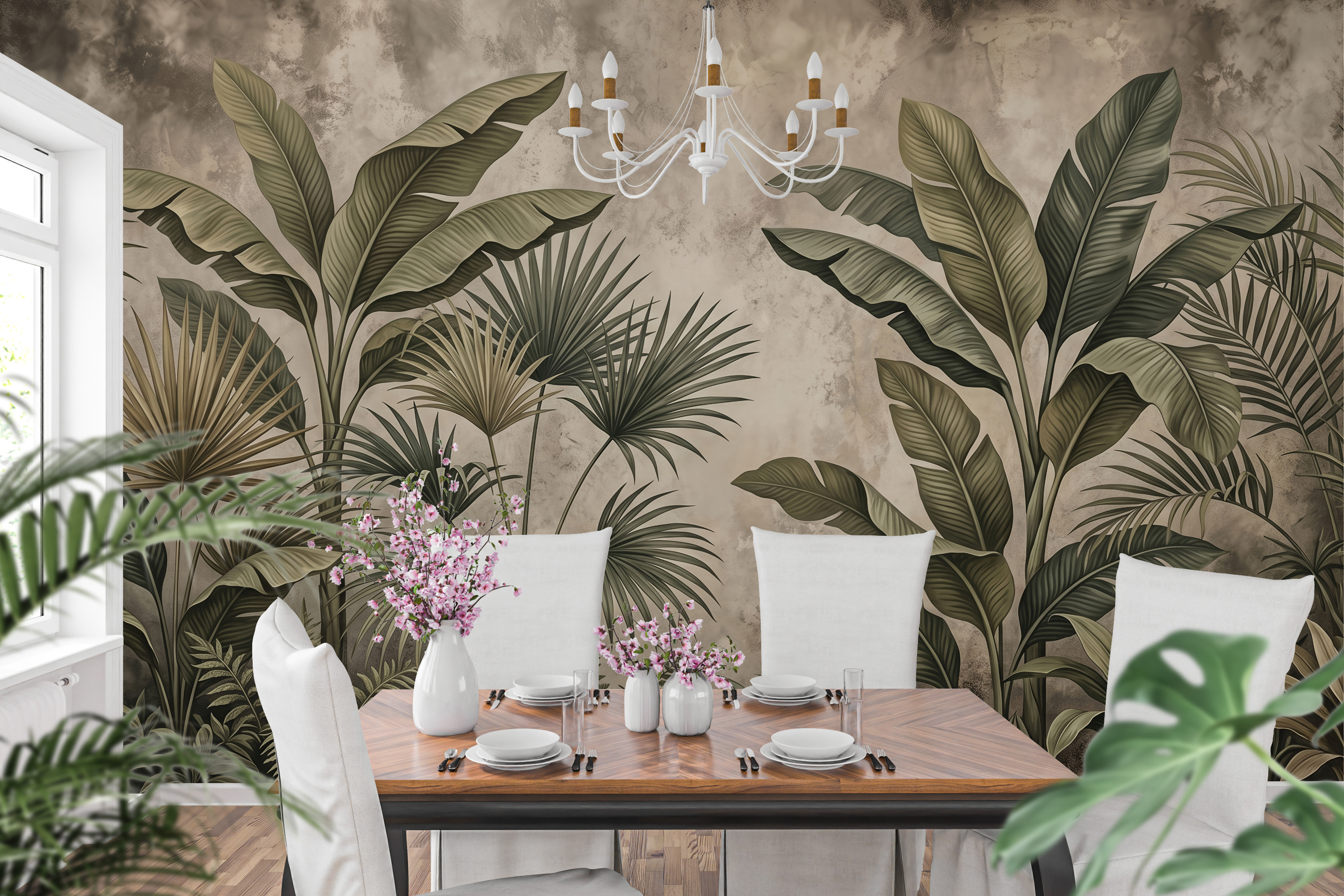 Distressed plaster and dark palm leaf peel and stick wallpaper behind a rustic dining table