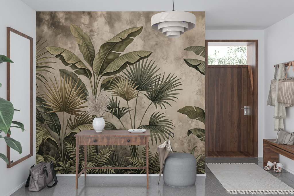 Rustic sepia and olive green fern wall mural transforming a trendy home bar space