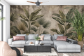 Moody vintage tropical botanical mural in a dramatic living room
