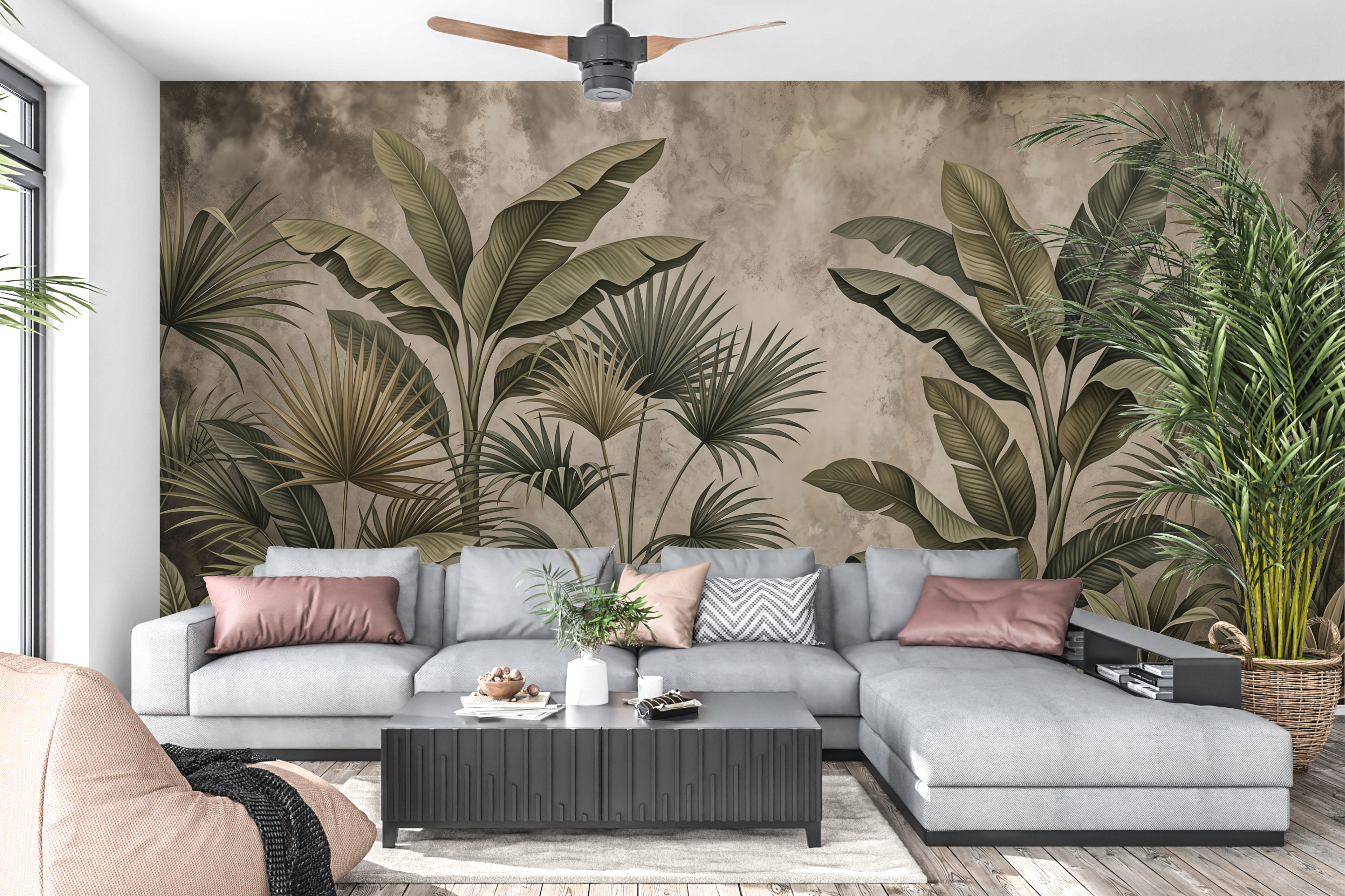Moody vintage tropical botanical mural in a dramatic living room
