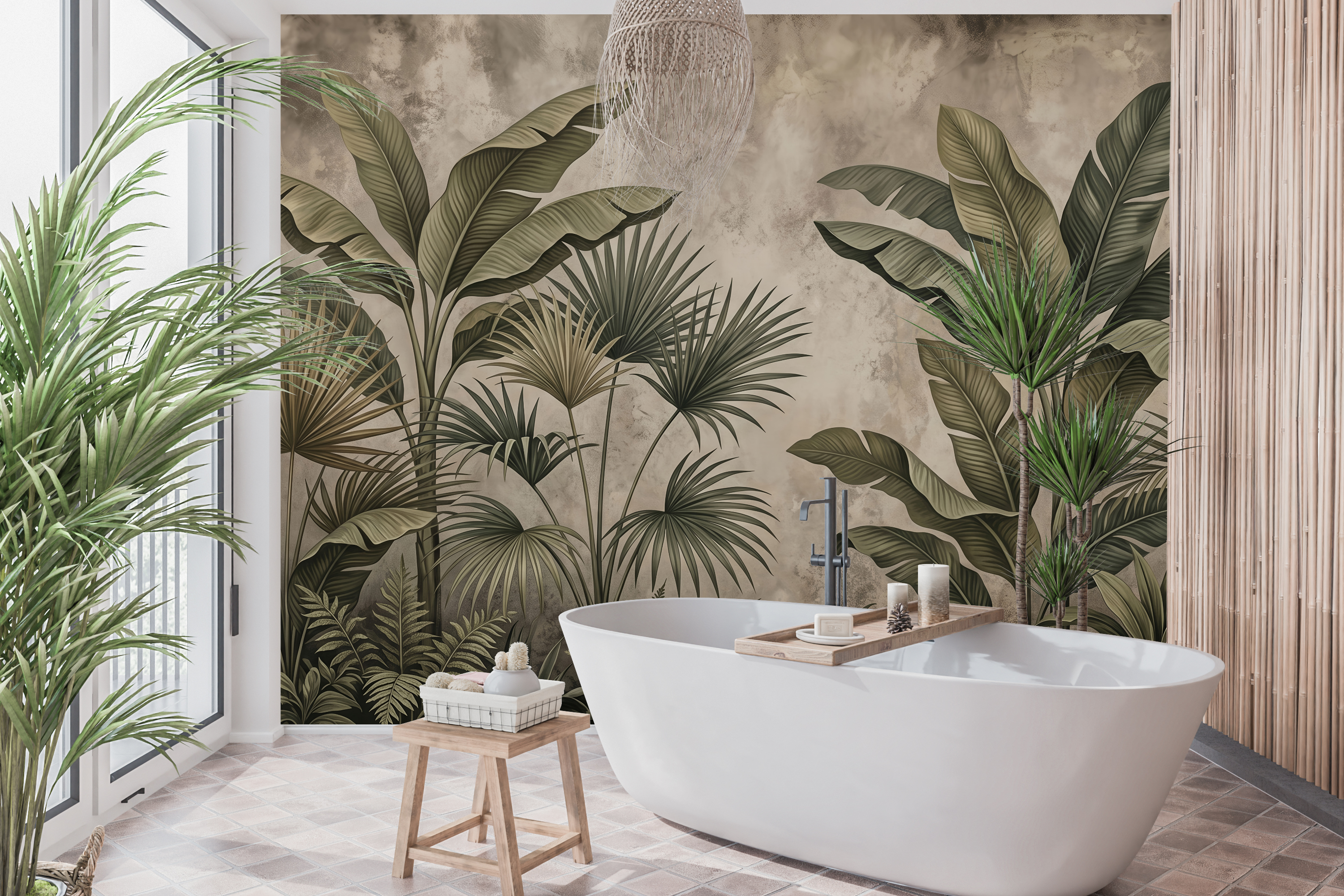 Waterproof vinyl grunge tropical wallpaper applied in a moody dark powder room