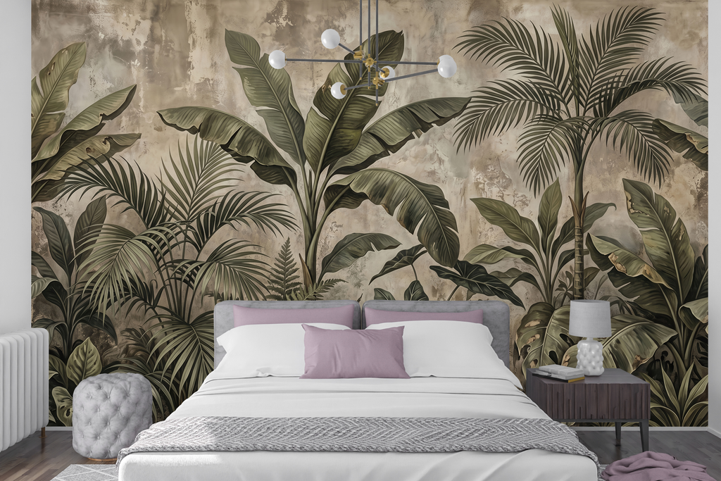 Earthy banana leaf botanical wall mural creating a sophisticated bedroom accent