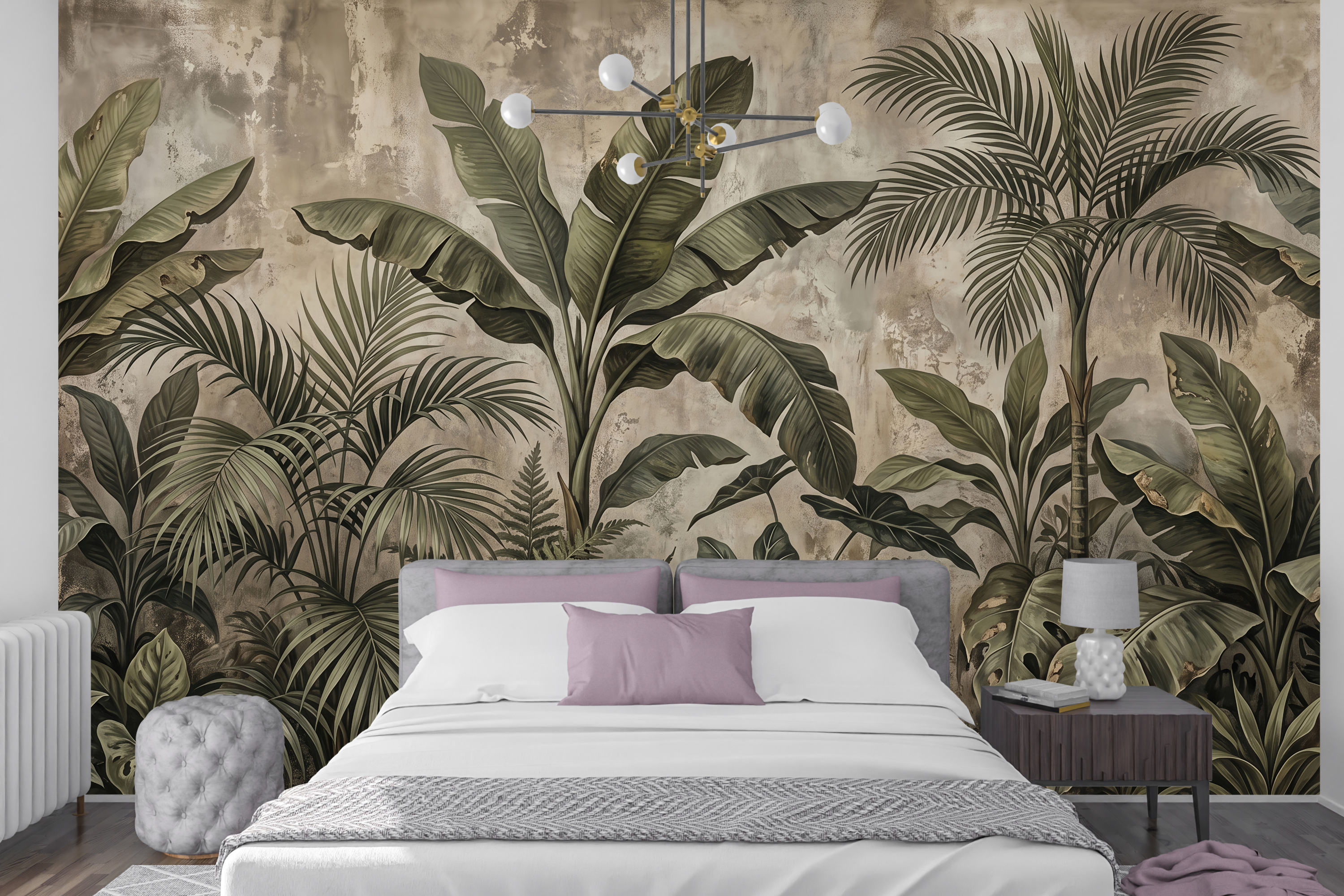 Earthy banana leaf botanical wall mural creating a sophisticated bedroom accent
