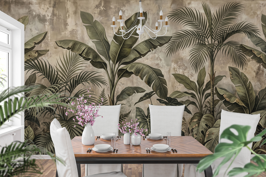 Distressed plaster and dark palm leaf peel and stick wallpaper behind a rustic dining table