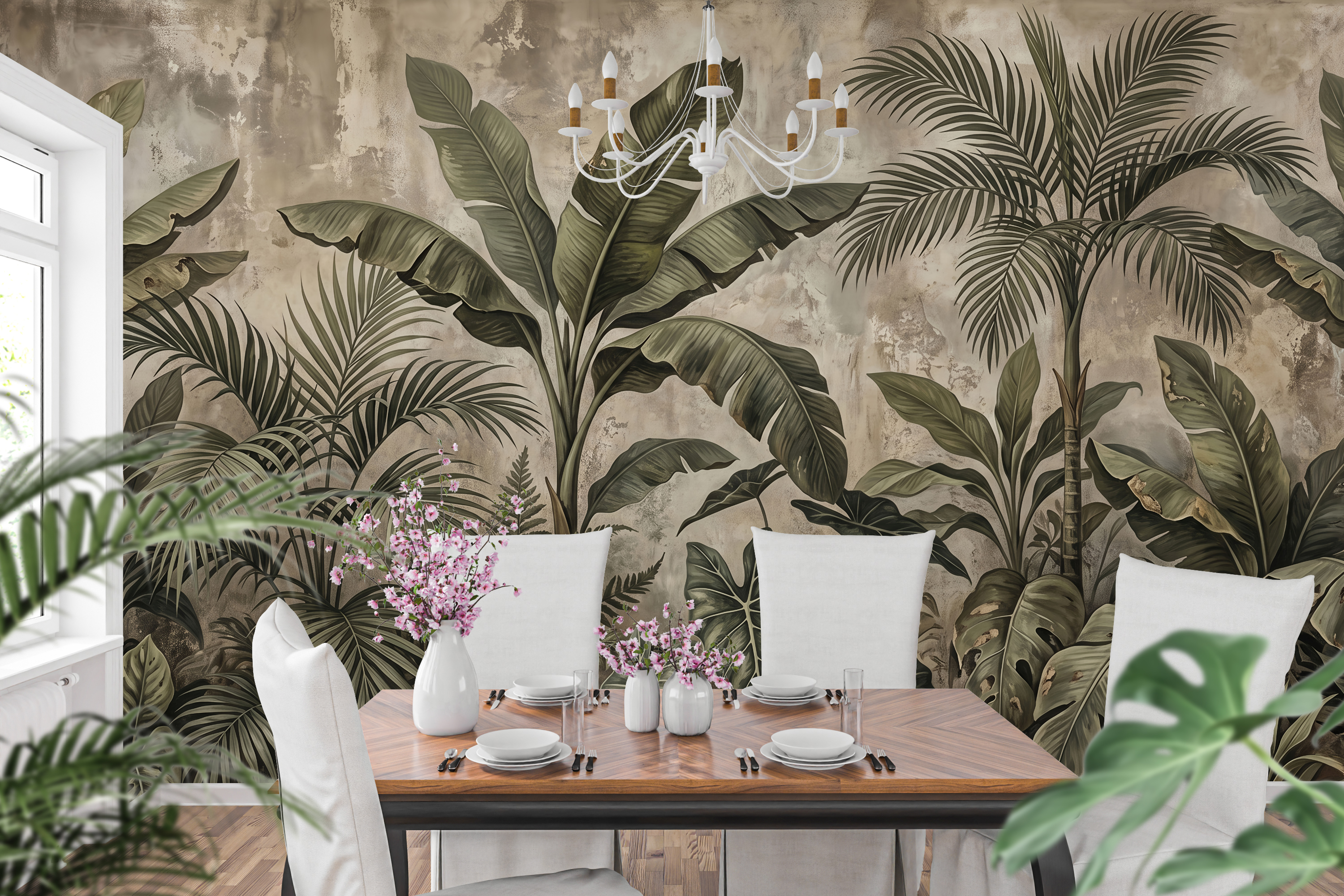 Distressed plaster and dark palm leaf peel and stick wallpaper behind a rustic dining table