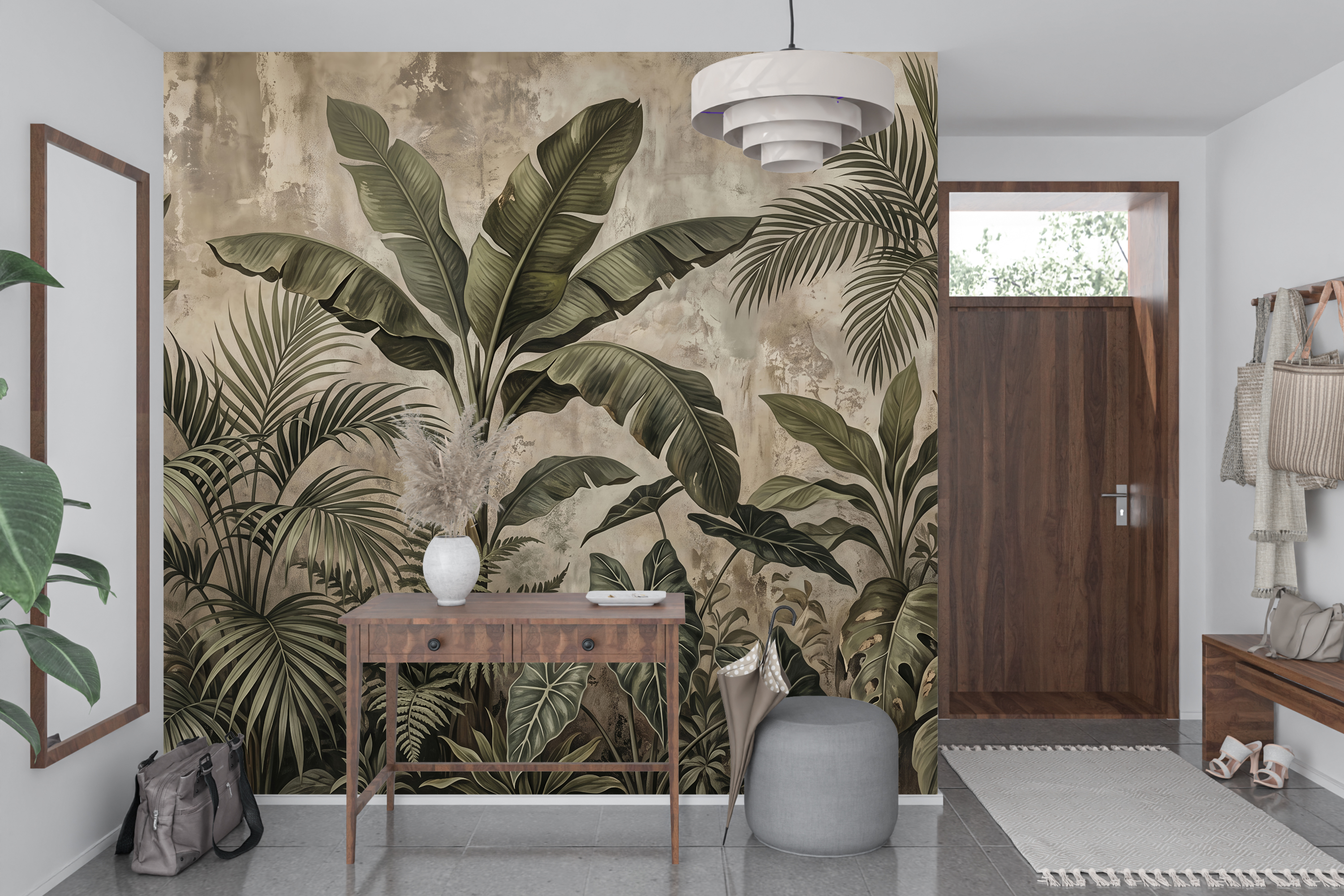 Rustic sepia and olive green fern wall mural transforming a trendy home bar space