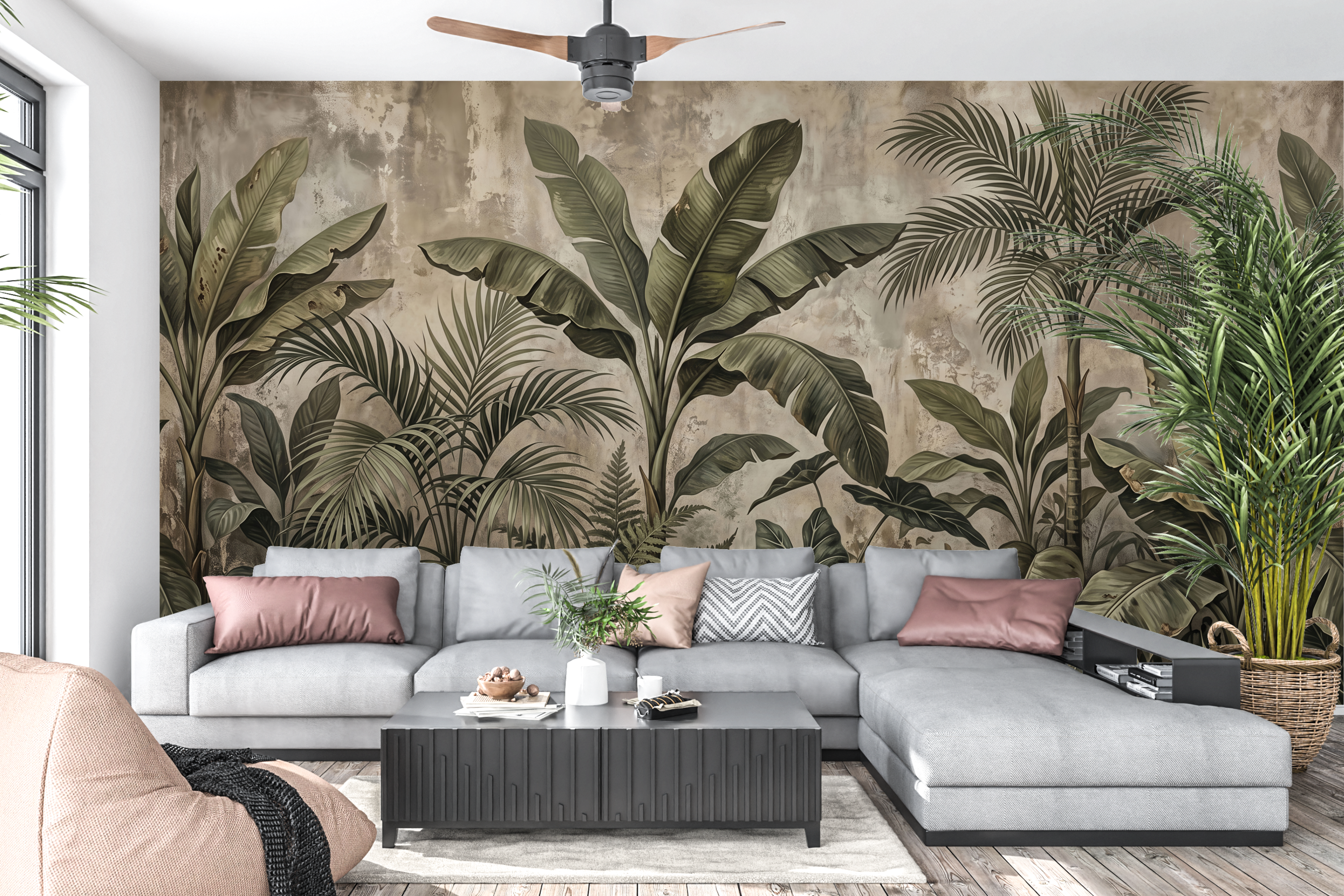 Moody vintage tropical jungle mural in a dramatic living room
