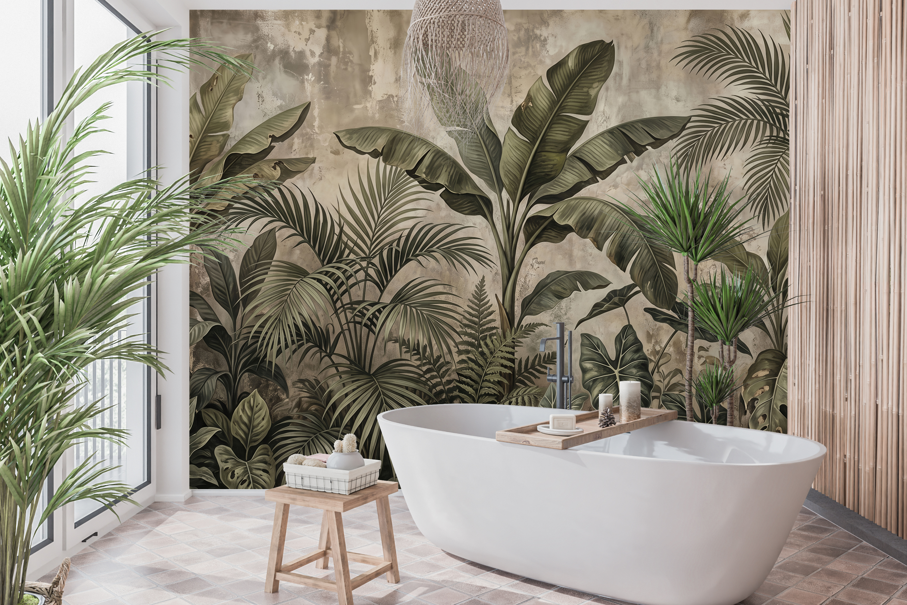 Waterproof vinyl grunge tropical wallpaper applied in a moody dark powder room